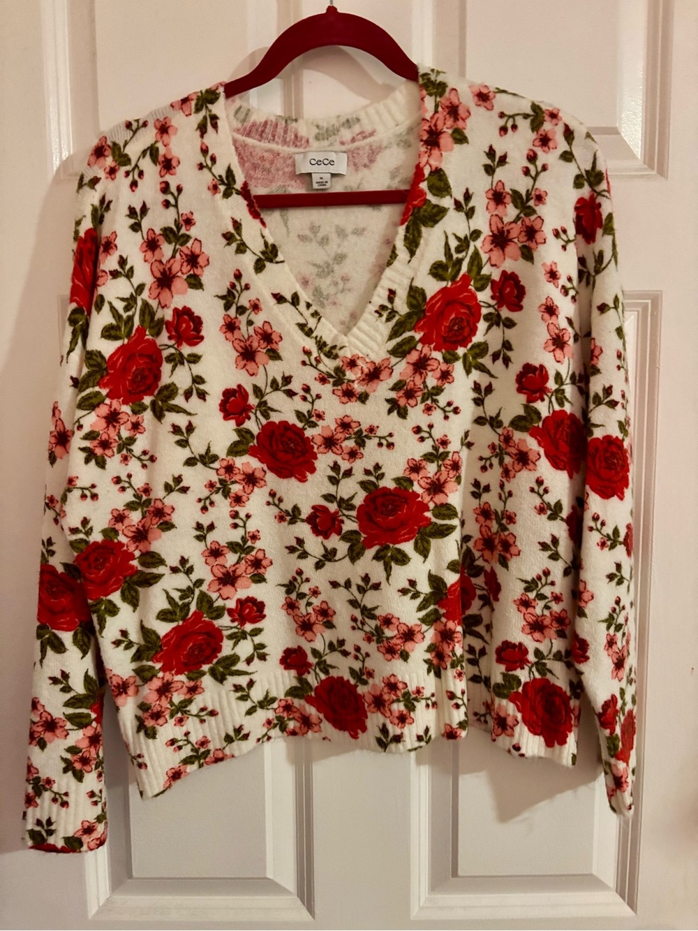 CeCe White V-Neck Floral Knit Sweater with Red Rose Print